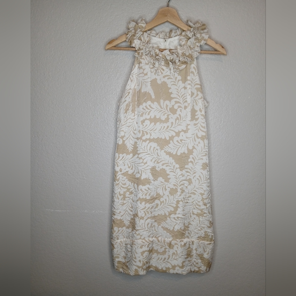 💚5/$25 London Times Cream & White Print Ruffled Halter Neck Midi Dress Size 8